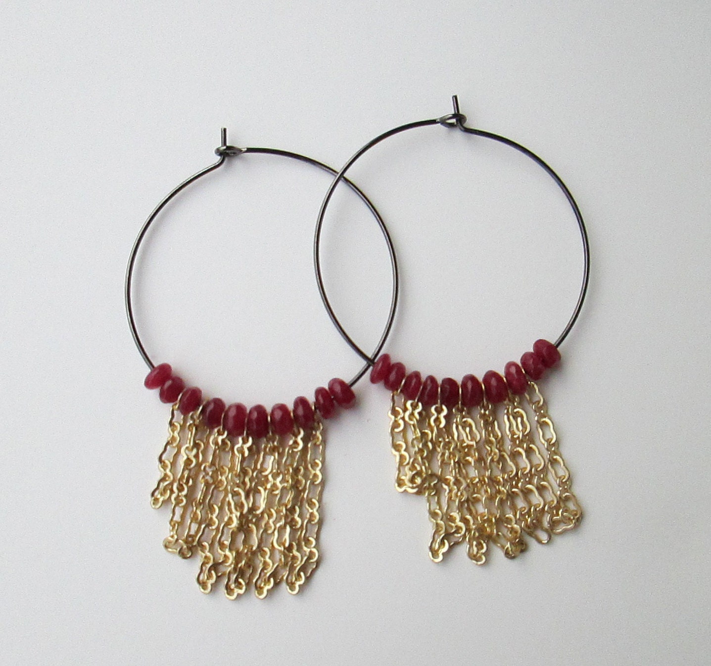 Raspberry Stone and Chain Chandelier Hoops. Mixed Metal. Hoops. Long chain. Ruby Red.