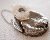 Antiqued silver sequins small purse with ivory flower, upcycled formal vintage framed handbag with wrist chain