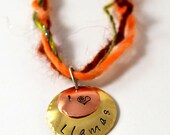 I Heart Llamas Pendant on an art yarn necklace