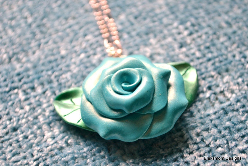 Polymer clay blue rose necklace
