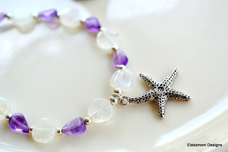 Moonstone, Amethyst, and starfish adjustable bracelet