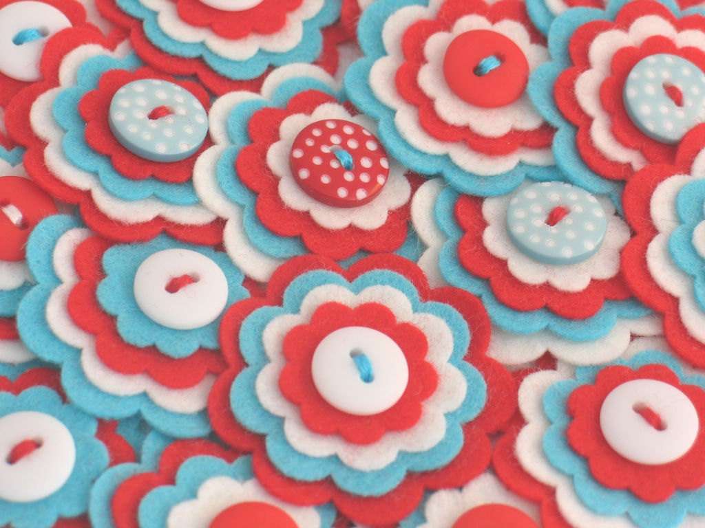 PEPPERMINT - Set of 3  Felt Flowers in Aqua, White and Red / Handmade Layered Felt Flowers / Felt Embellishment / Christmas Craft