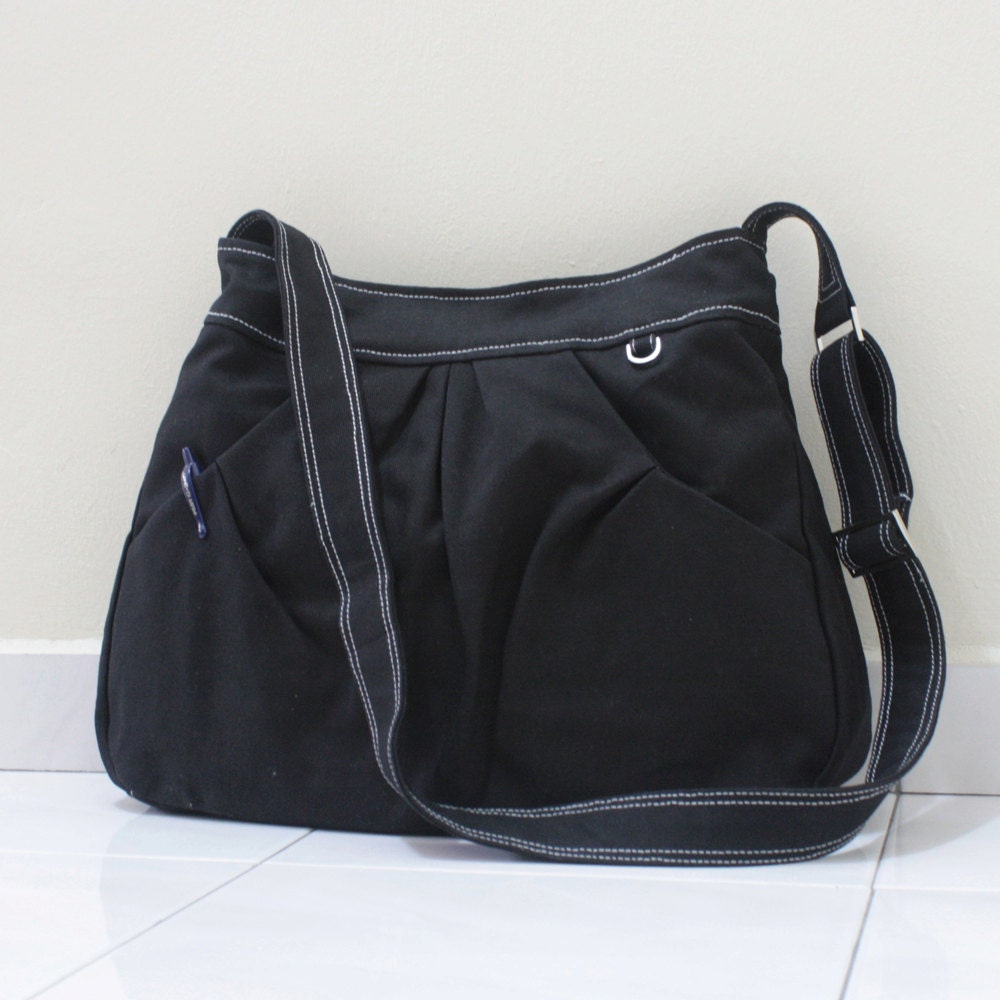 MAY Sale - Black Canvas Women Single Strap, shoulder bag, Cross body Sling bag, Handbag - Pleated Hoodie Market Bag