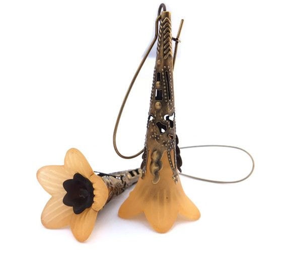 Halloween Flower Earrings, Orange Trumpet Flower with Black Bell Flower Lucite Earrings with Antique Bronze Findings and Kidney Earwires - BeckyHelmerDesigns