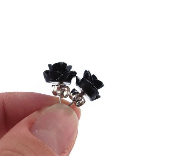Mother's Day Sale, Black Post Earrings-Black Resin Flower Post Stud Earrings