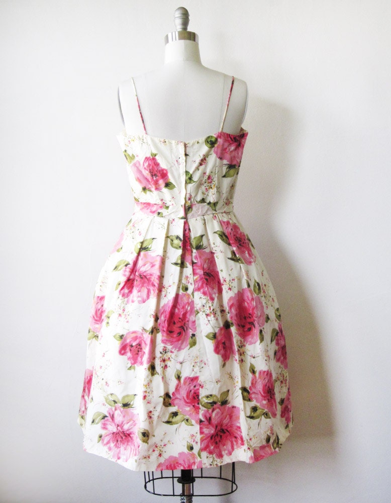 1950s dress / vintage 50s floral party dress / pink and white princess dress