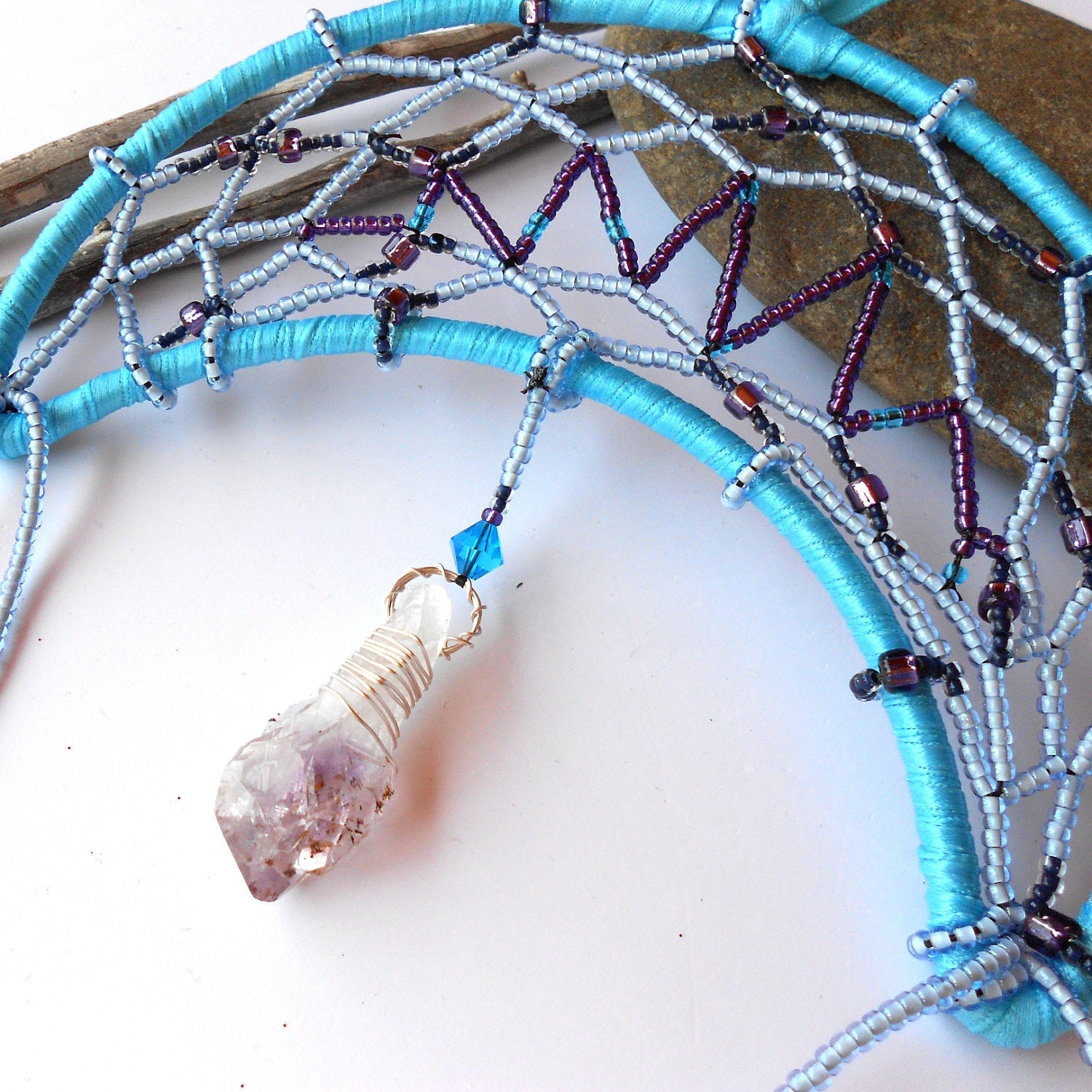 Dreamcatcher cresent moon beaded blue and purple wire wrapped amethyst blue swarovski