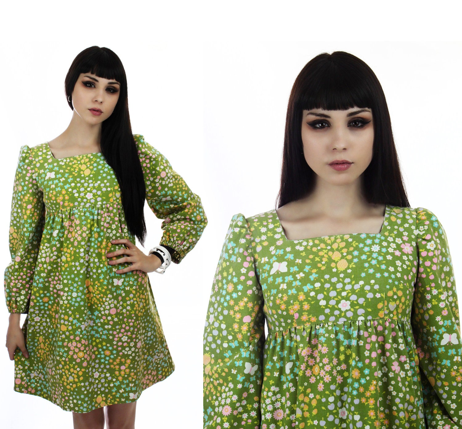 MOD Dolly Dress Vintage 60s 70s Green Floral Empire Waist Babydoll Mini Puffy Sleeves Puff Butterflies Strawberries XS S Small XSmall