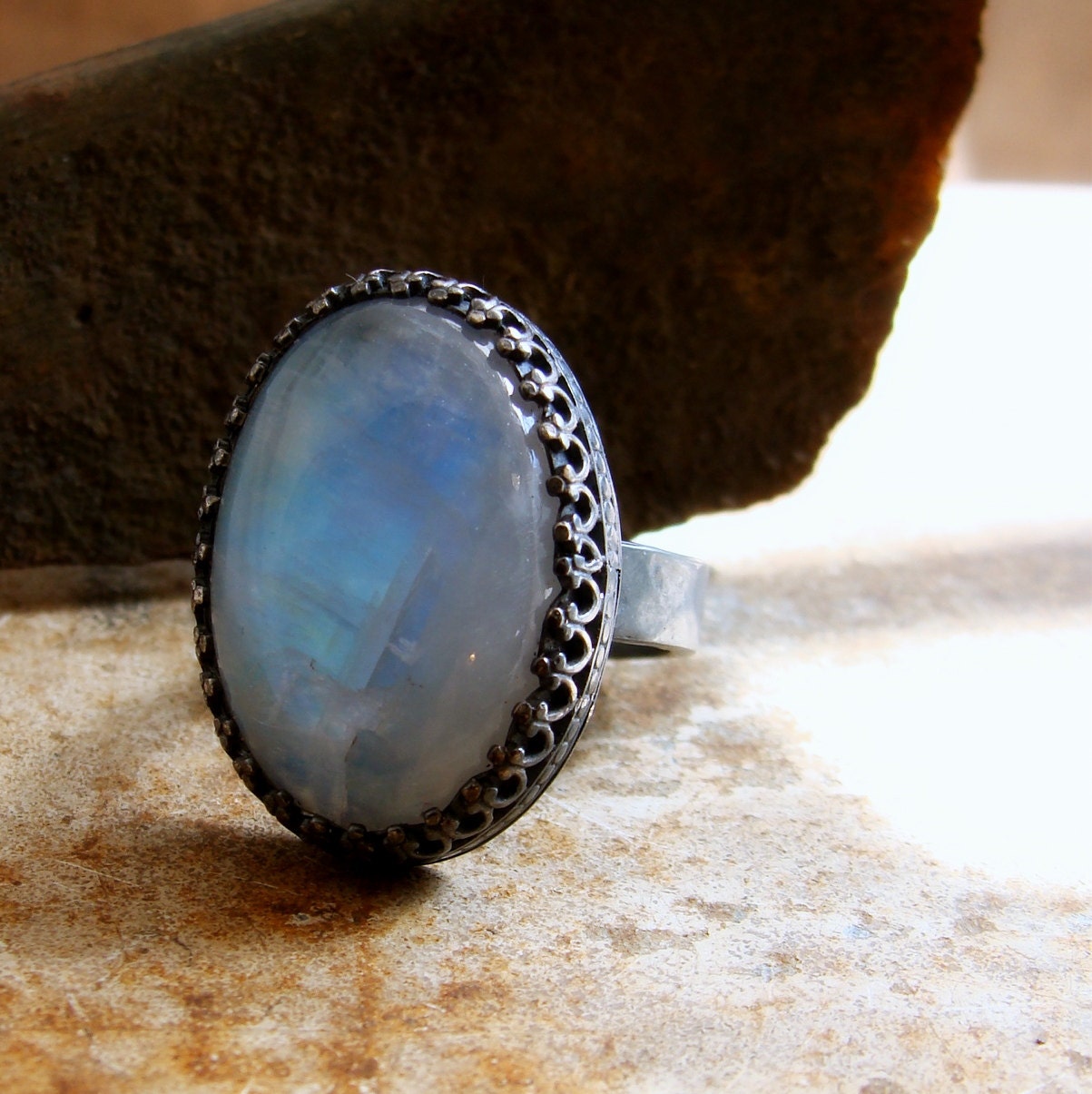 Blue moonstone ring in antiqued sterling silver size 7 in stock and ready to go