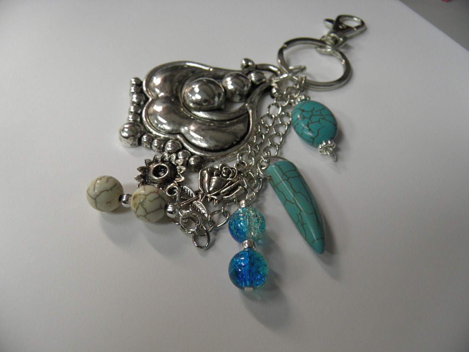 Purse - Phone - Rear View Mirror / Charm / Large Heavy Duty Clasp / Turquoise with silver accents