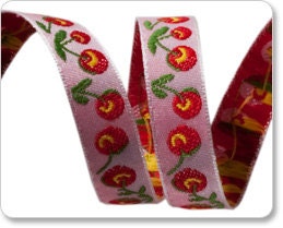 Sweet Cherry Cherries Fruit Light Pink Jacquard Ribbon by Renaissance Ribbons 3/8 inch width - 3 yards