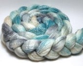Handpainted Merino Bamboo Wool Roving - Seaside Cottage - 4 oz Cream Teal Grey