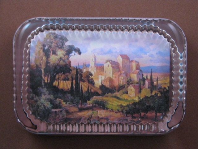 Italian Tuscan Village Landscape Painting Heirloom Rectangle Glass Paperweight Home Decor