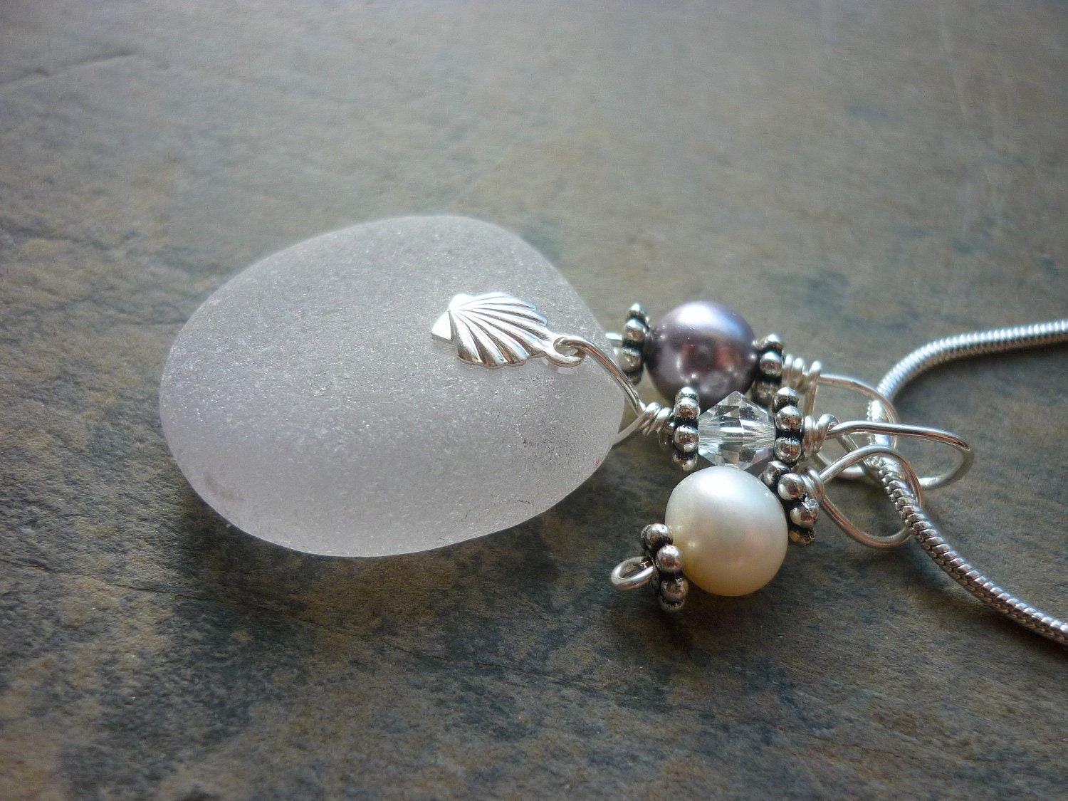 Sea Glass Necklace - Lavender Sea Shell Beach Seaglass