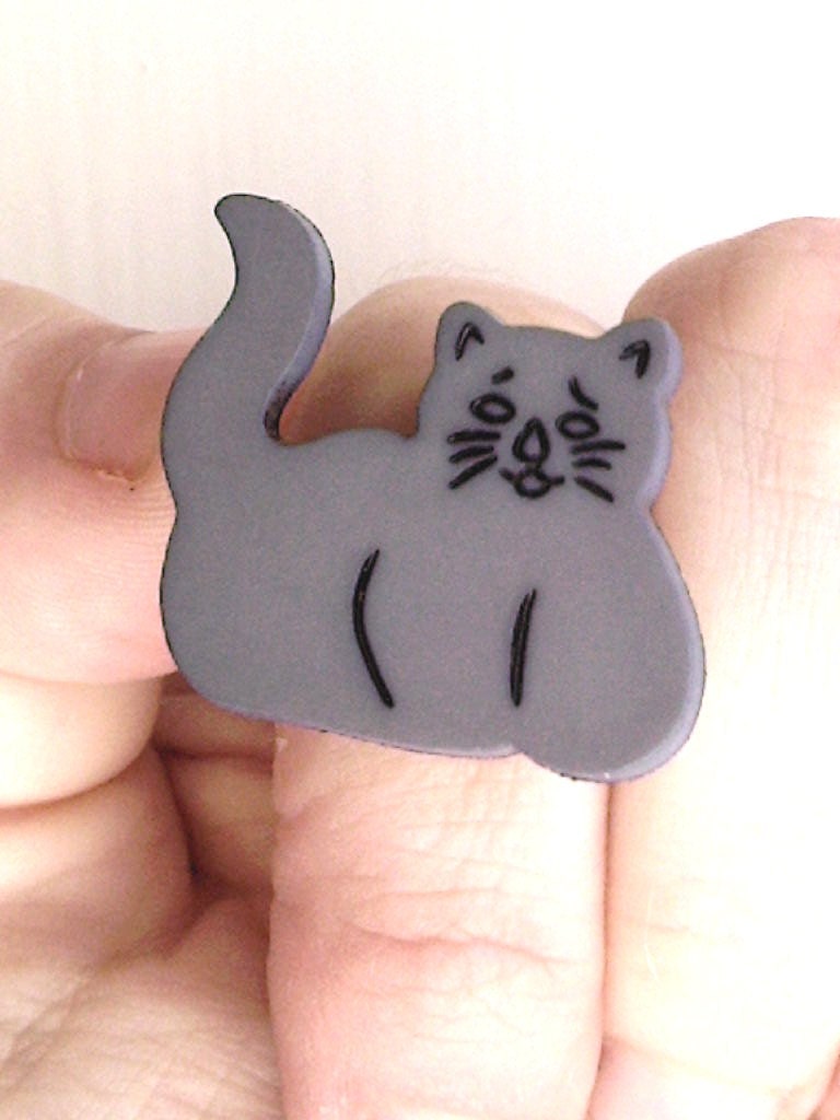Grey Kitty Cat Ring -- cute handmade silver plated adjustable animal kitten cats big chunky novelty jewellery