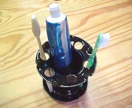 Shiny Black Glaze 6 Hole Sanitary Toothbrush Holder Handmade Pottery Caddy Anita