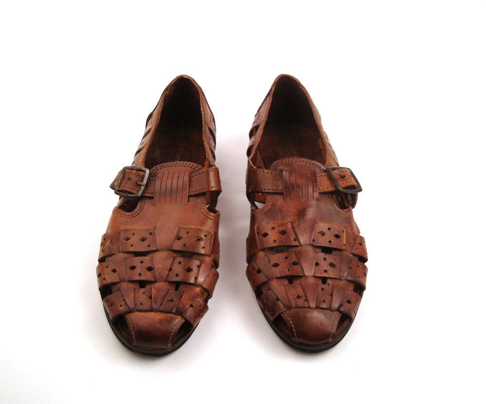 Brown Huarache Sandals Vintage 1980s Woven Leather Men's Size 8