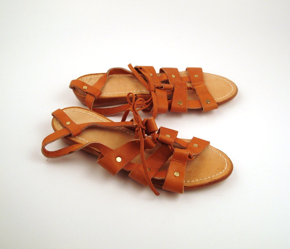 Brown Woven Sandals Vintage 1980s Lace Up Leather Huaraches Women's size 7