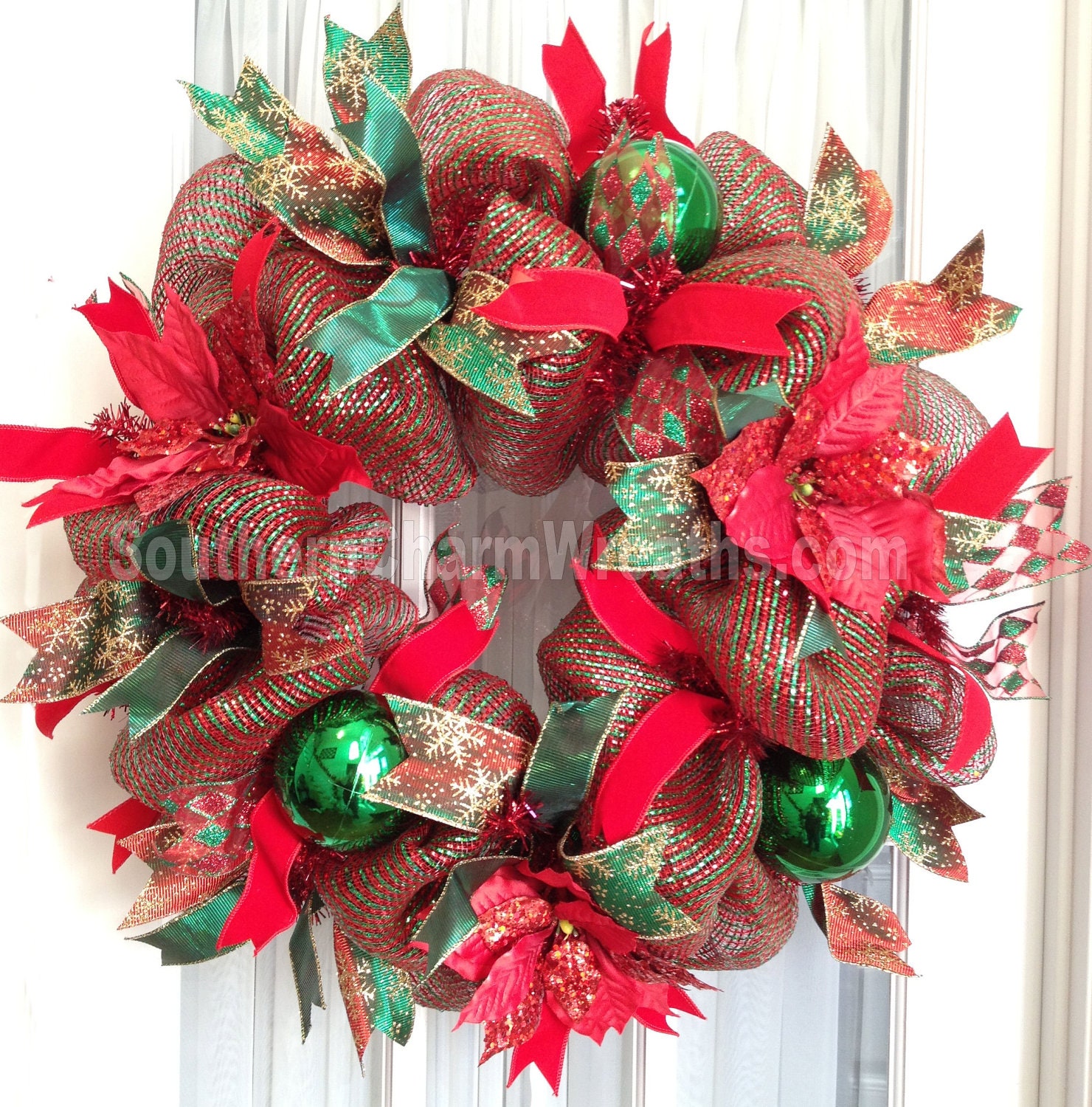 Deco Mesh CHRISTMAS Wreath Red Emerald Green Stripe w Poinsettias Ribbons