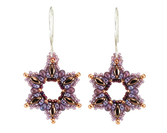 Purple and Bronze Beaded Snowflake Earrings