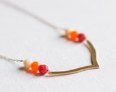 V Necklace - Art Deco necklace, Raw Brass V and cream, red, orange faceted glass beads - art deco jewelry - Mother's Day Gifts
