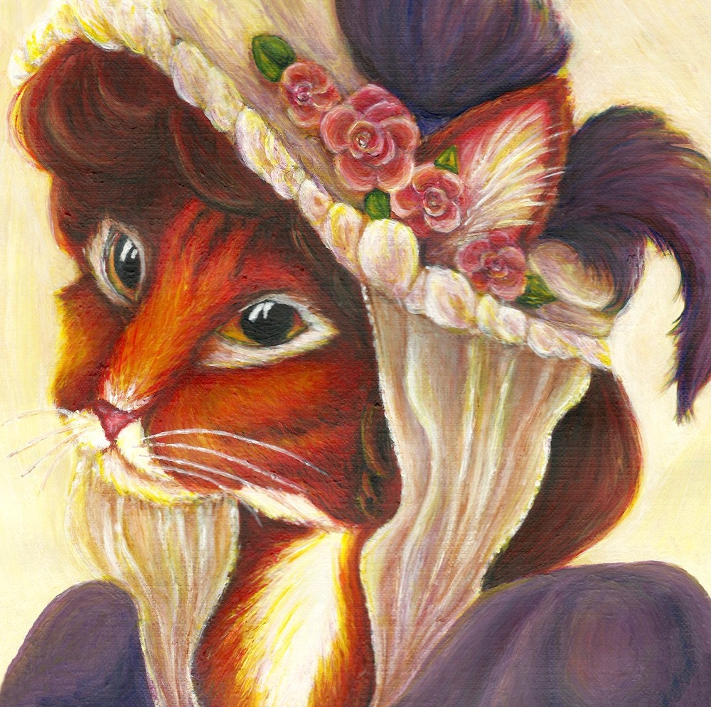 Cat Art, Orange Tabby Cat Wearing Victorian Easter Bonnet 5x7 Fine Art Print