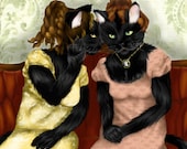 Black Cat Ladies in Regency Dresses Whispering Gossip 5x7 Cat Art Print