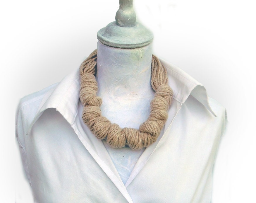 Neutral pure wool knotted necklace, winter yarn jewelry beige, wood button, neckpiece, office fashion