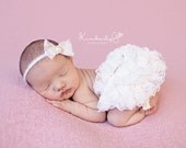 Ivory Lace Diaper Cover Newborn Baby Photography Props with Matching Lace Headband in 0-3 Months - Newborn Props, Bloomers, Girl Props