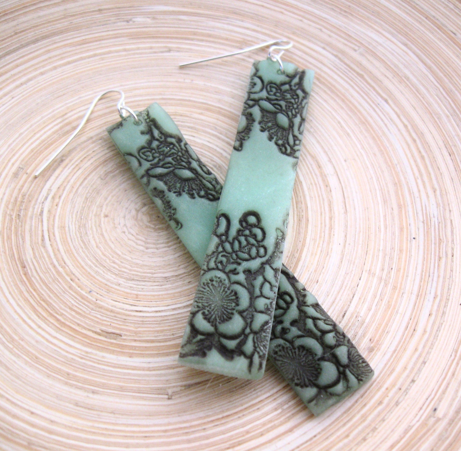 Long jade earrings Asian style antique floral, handmade jewelry by theshagbag on Etsy