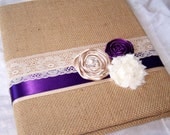 WEDDING GUEST BOOK with Photo Spot - Burlap, Dark Purple/Plum, Tan and Ivory Lace, Custom colors available