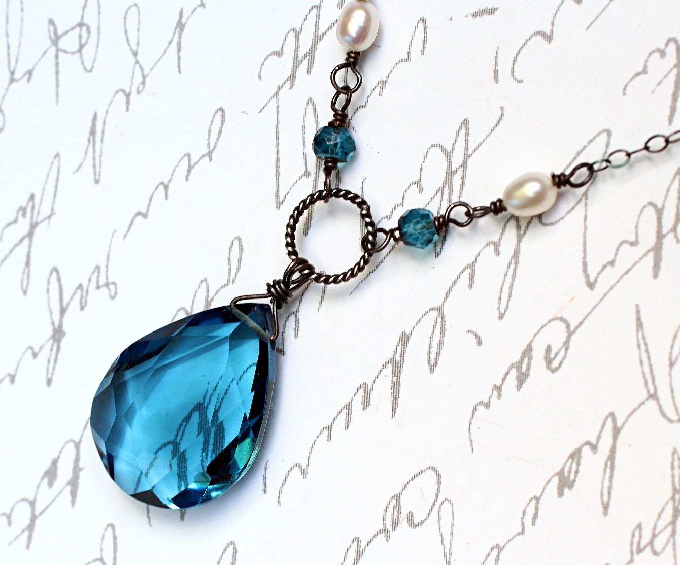 London Blue Quartz Necklace, London Blue Topaz, Pearl, Oxidized Sterling Silver - Blu by CircesHouse on Etsy