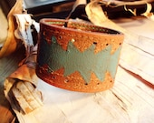 Bohemian Turquoise Hand Painted Cuff Snap Bracelet Boho Hippie Tribal Bangle Brown Patterened