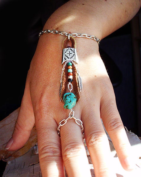 Bohemian Southwestern Slave Bracelet Boho Hippie Stone Tribal Silver Turquoise Native American Inspired