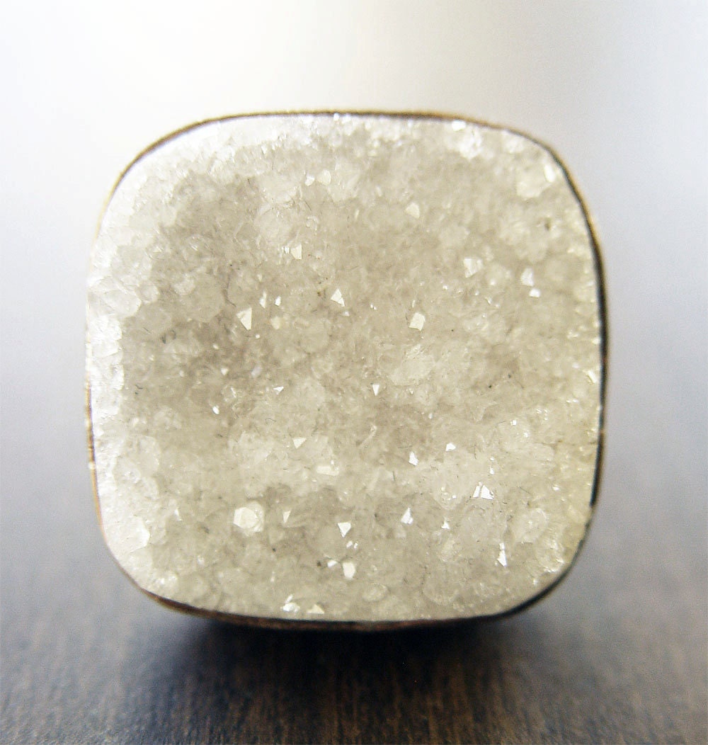 Large Vanilla Druzy Ring - Square Geometric - Silver Statement Ring