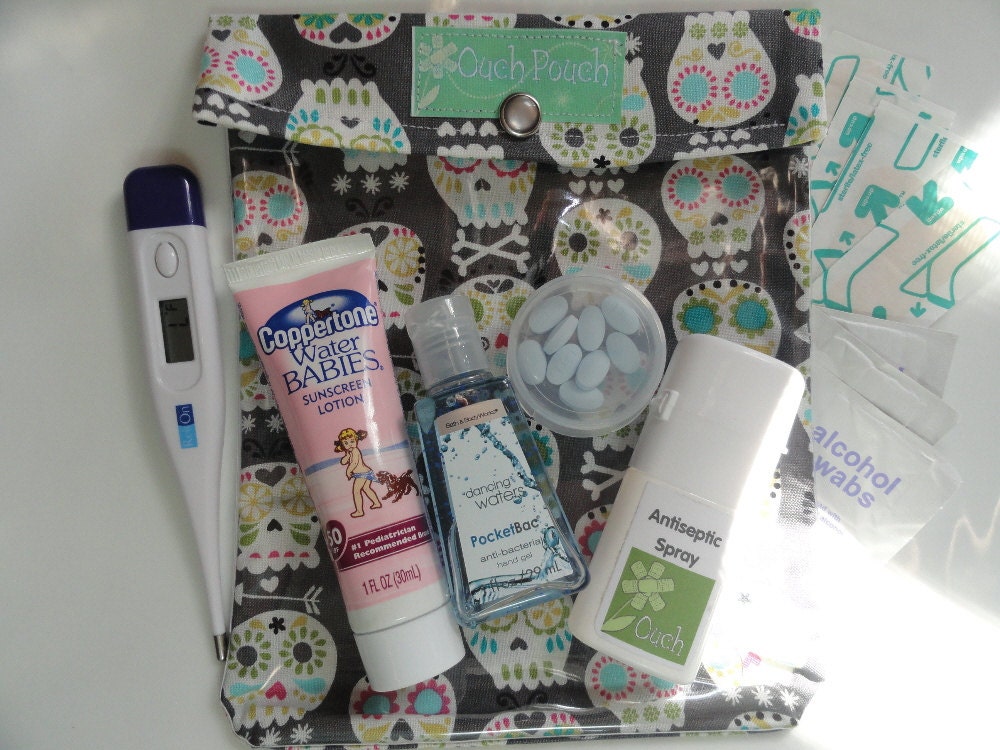 Large Ouch Pouch TM Clear Diaper Bag/Purse Organizer First Aid Case  (6x8 Bonehead Fabric) New Mom Teacher Gift