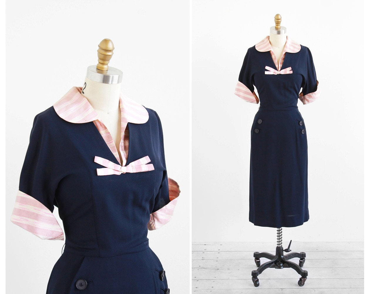 vintage 1940s dress / 40s dress / Navy Blue and Pink Stripes Darling Collar Dress