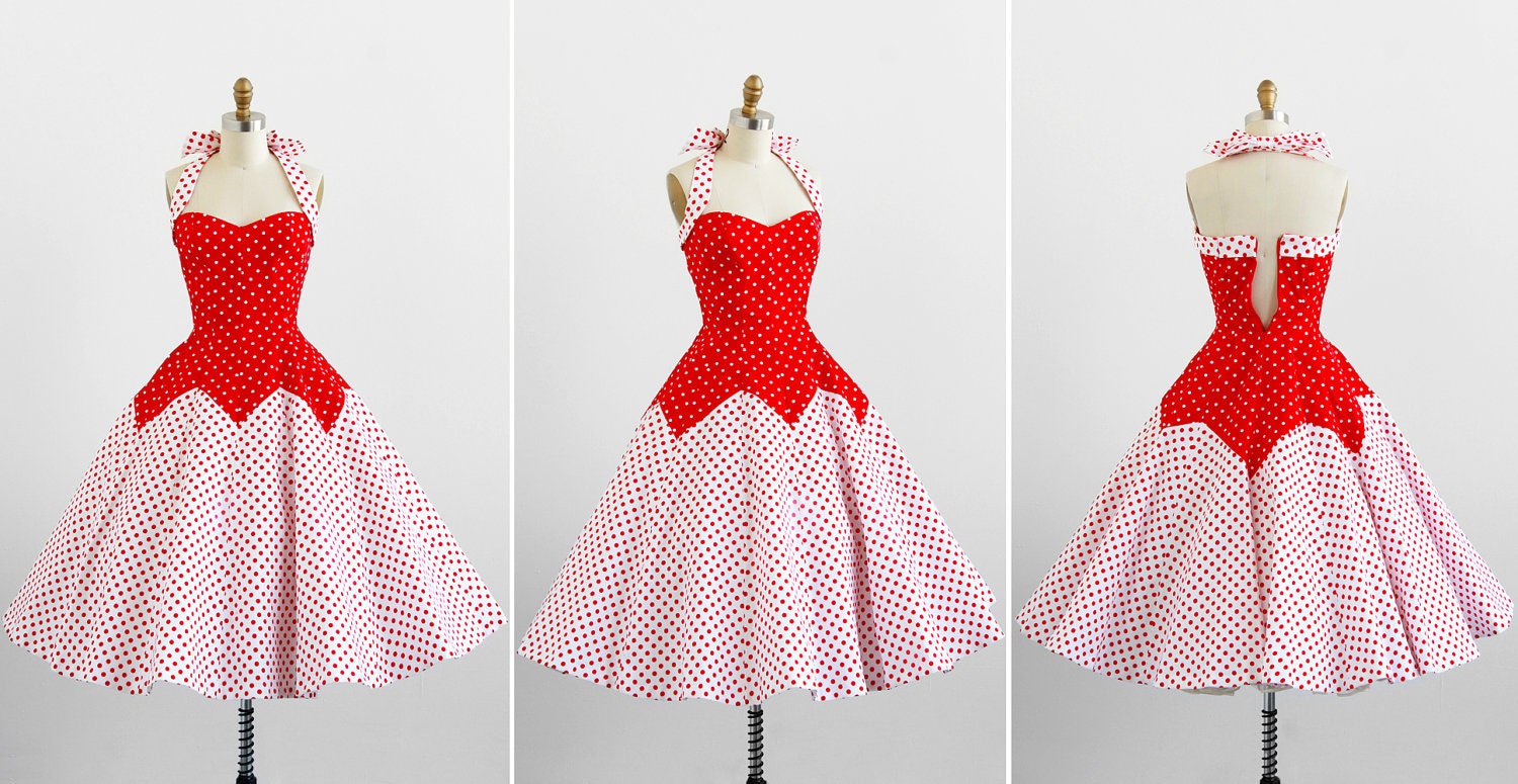 vintage rockabilly dress / 1950s dress / Victor Costa 50s Style Red and White Polkadot Dress