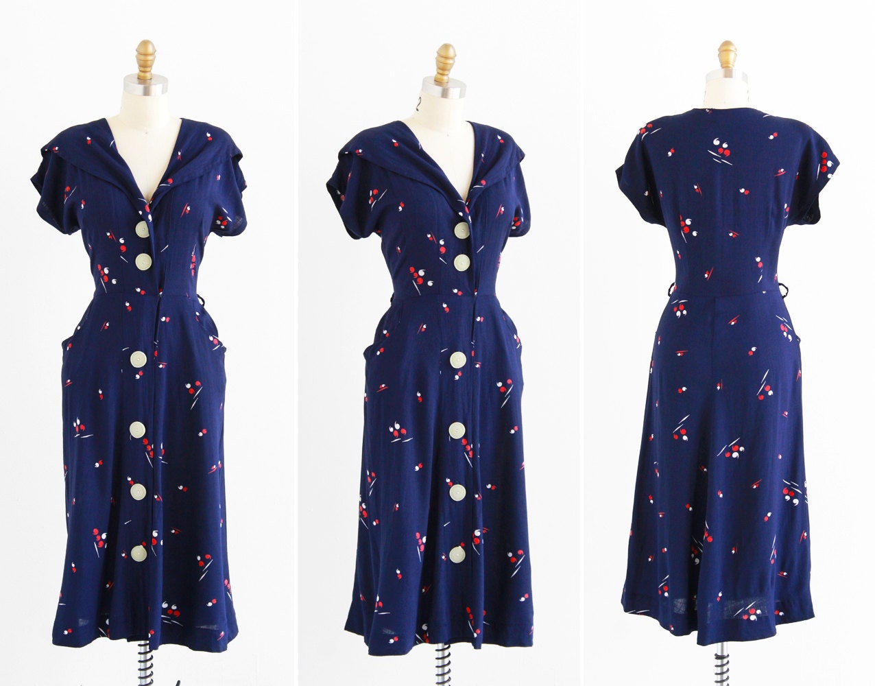 r e s e r v e d - vintage 1940s dress / 40s dress / Navy Blue, Red, and White Apostophe Novelty Print Swing Dress