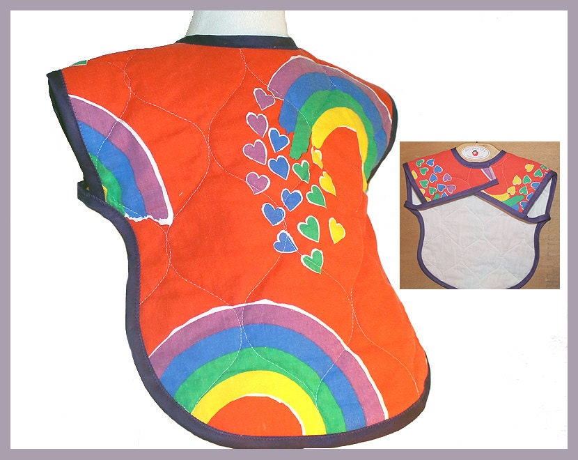 Retro Full Coverage Bib Quilted Vintage Fabric Red Rainbow Heart Toddler Bib X-Large Baby Bib w/Arm Holes Children Clothing Unisex Baby Gift
