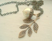 Pearl Acorn Necklace Leaf Acorn Brass Pearl Leaf Necklace Wedding Jewelry - Woodland Oak Dream