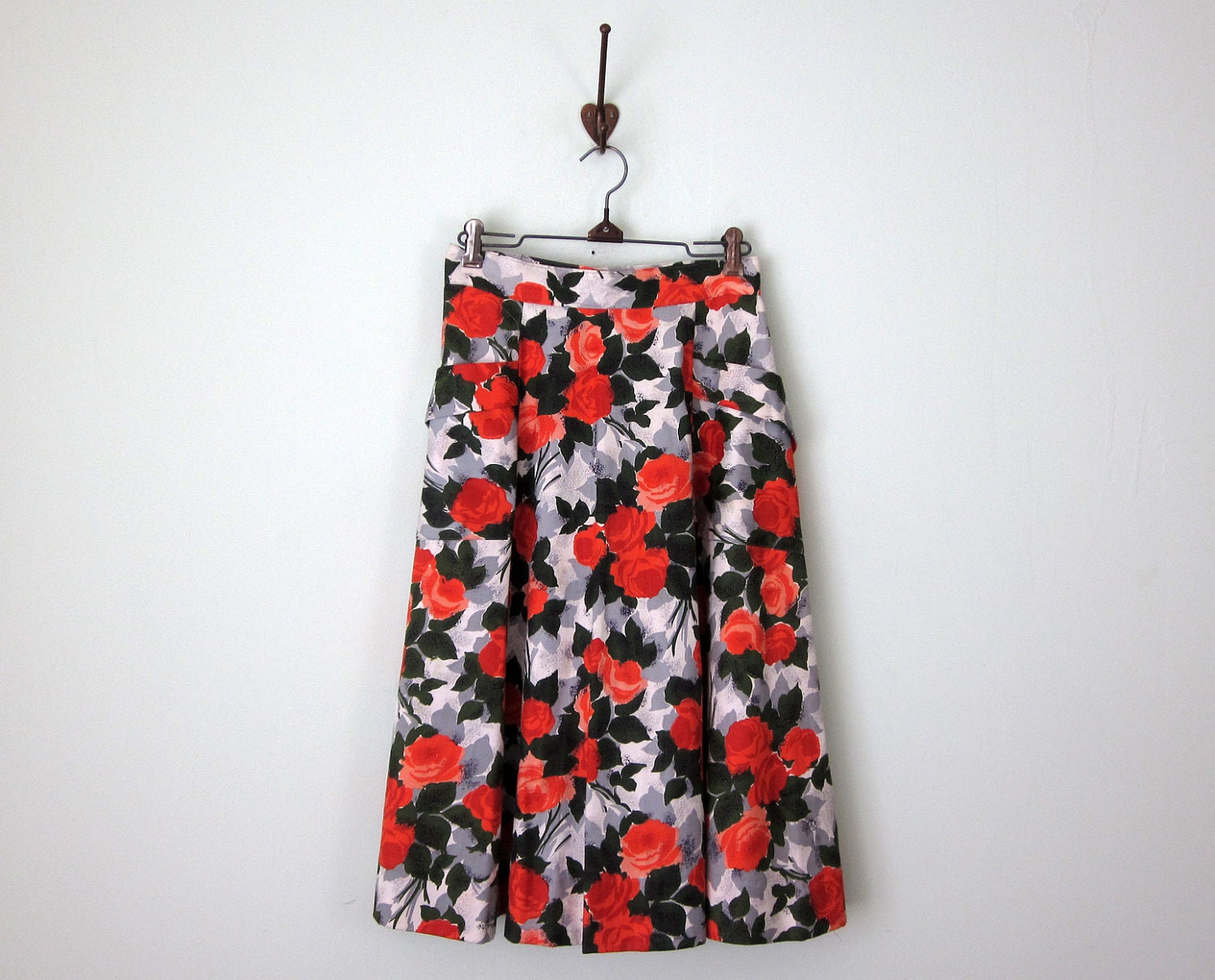 50s skirt / orange print floral aline high waist pockets cotton (xs - s)