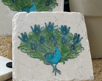 Peacock Coasters, Set of 4, Ready to Ship