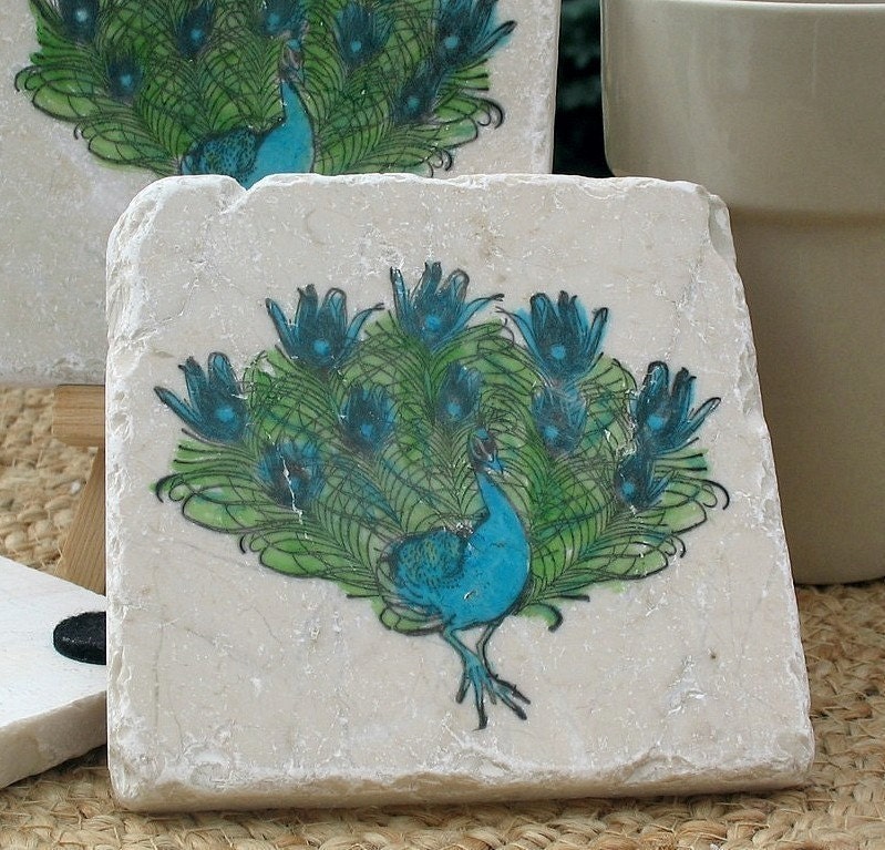 Peacock Coasters, Set of 4, Ready to Ship