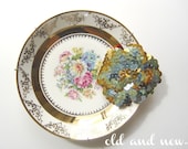 Blue Gold sparkly sequins brooch - hand embroidered flower brooch - Ready to ship