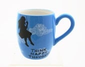 Mug In turquoise Blue with Silhouette of Girl on Swing Happy Thoughts