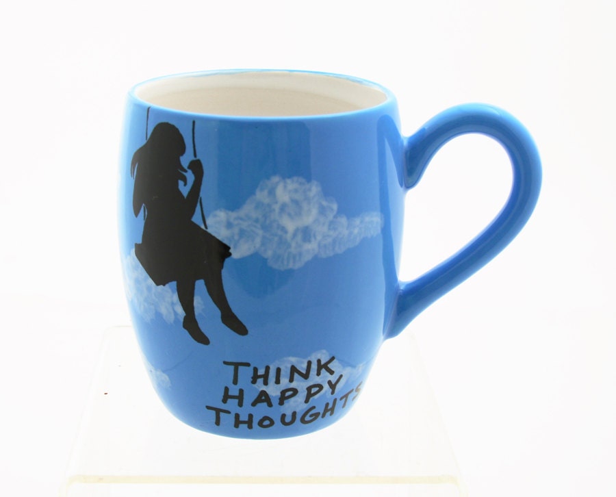 Mug In turquoise Blue with Silhouette of Girl on Swing Happy Thoughts