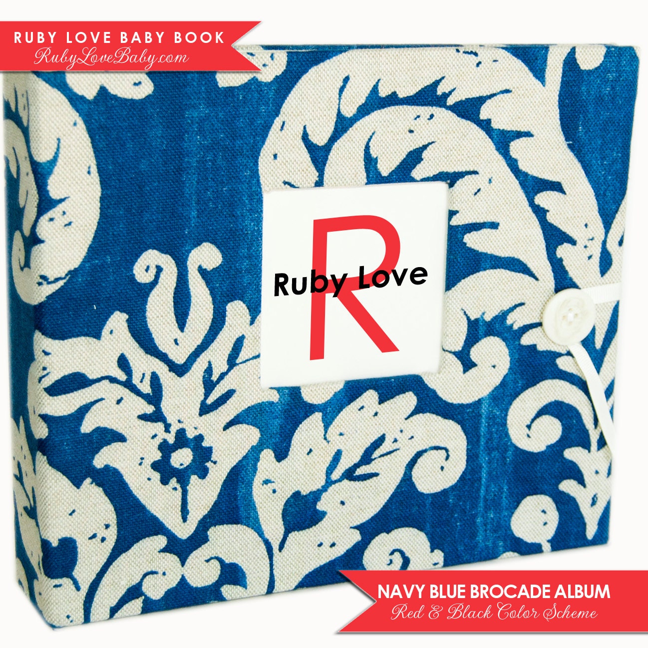 NEUTRAL Modern Baby Memory Book . Navy Blue Brocade Album . Ruby Love Baby Memory Book