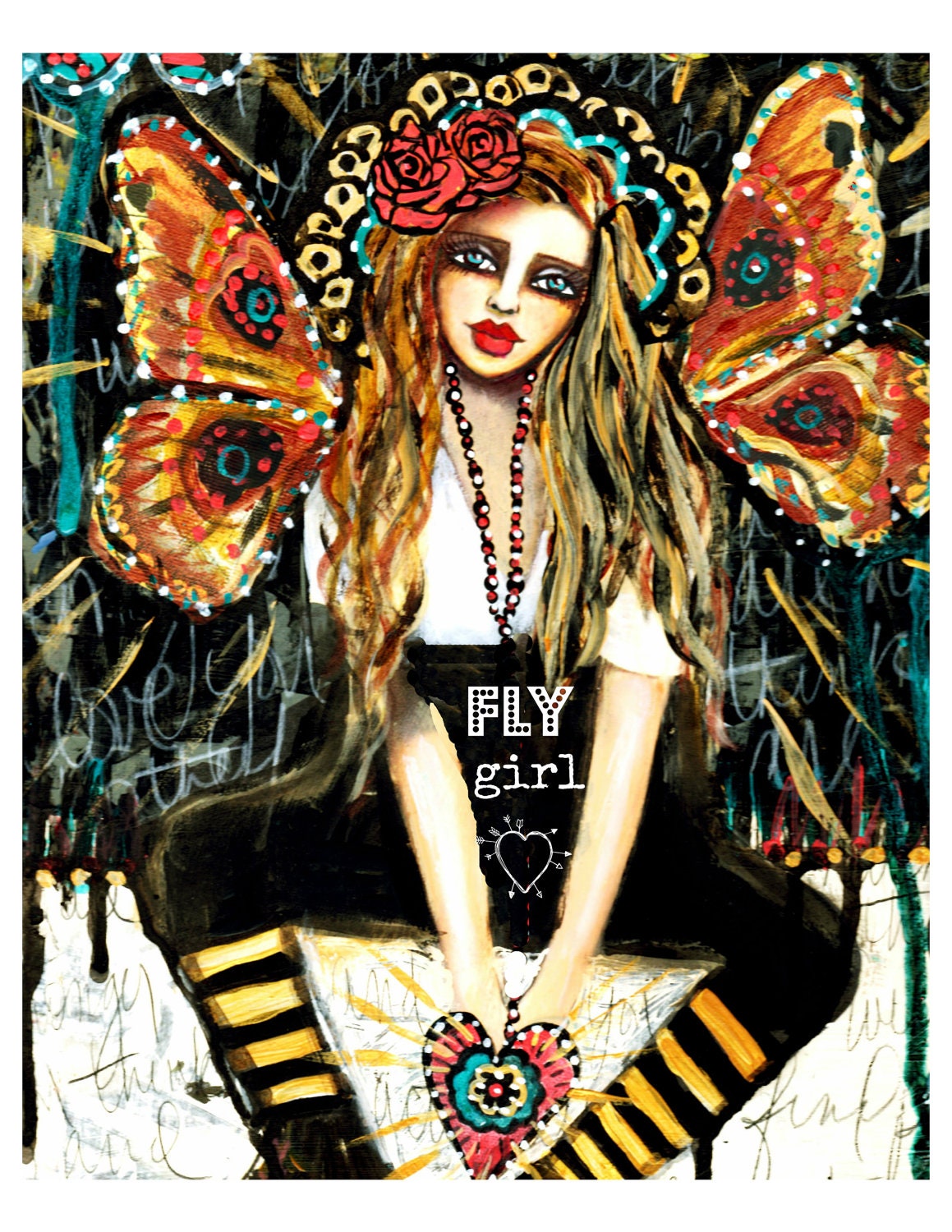 Fly Girl' fine art print of a mixed media painting by Lisa Ferrante