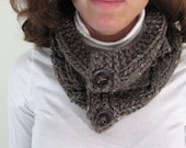 Hand Knit Taupe Brown Tweed Cowl with Zig Zag Lace and buttons